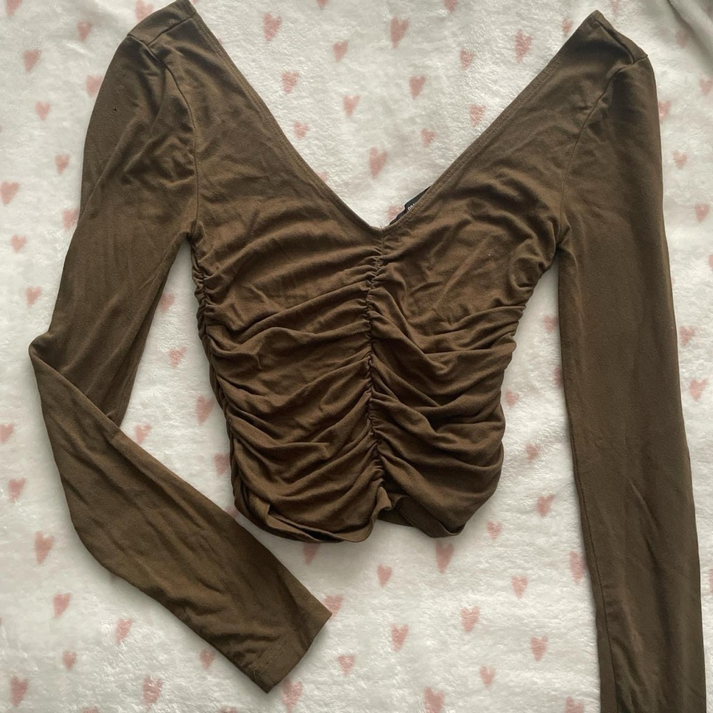 Brown Ruched Long Sleeve Top
